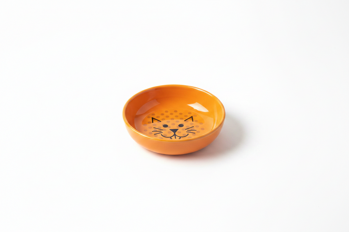 Orange cat food bowl with cat-face pattern and shallow round rim