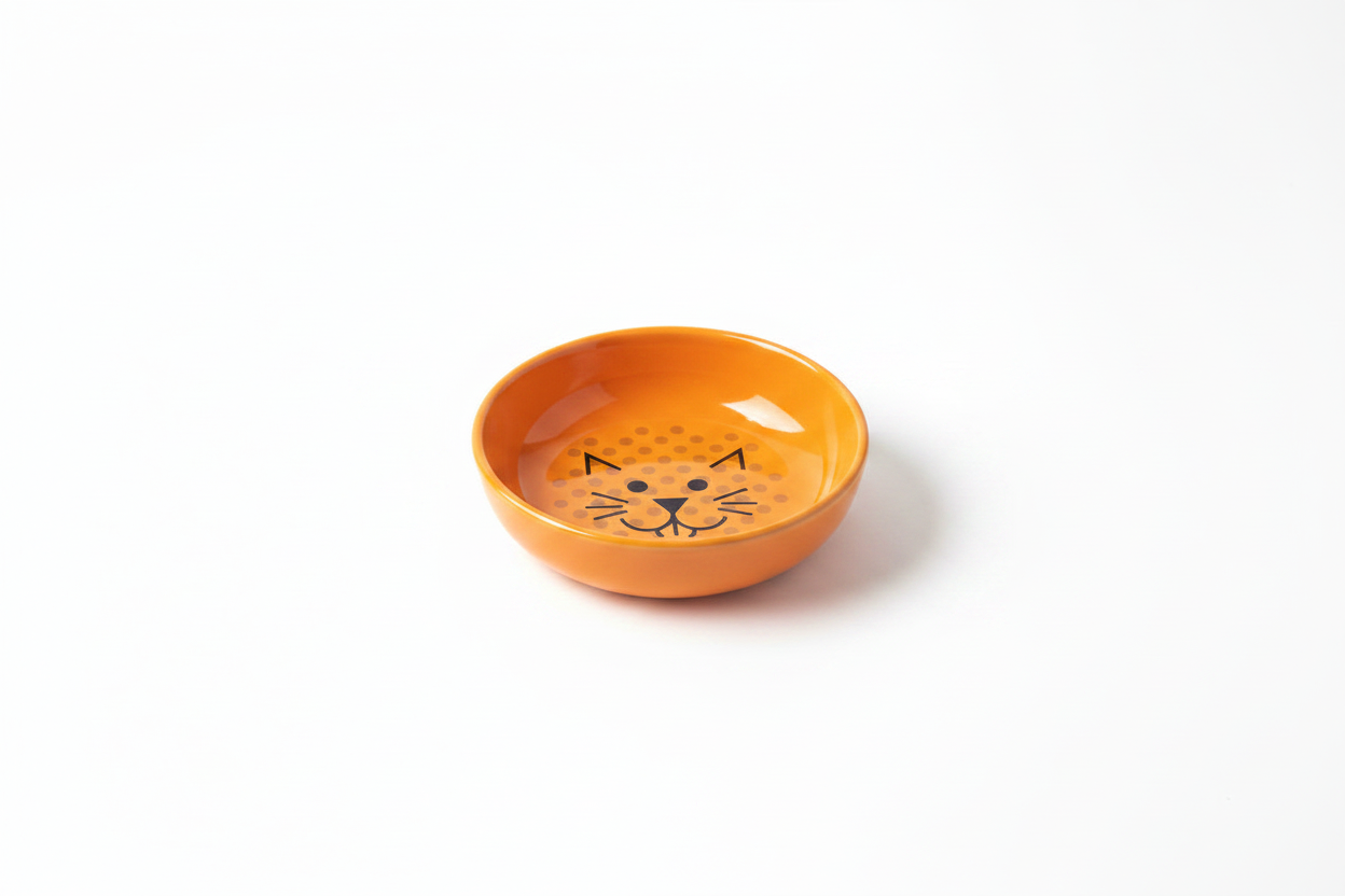 Orange cat food bowl with cat-face pattern and shallow round rim