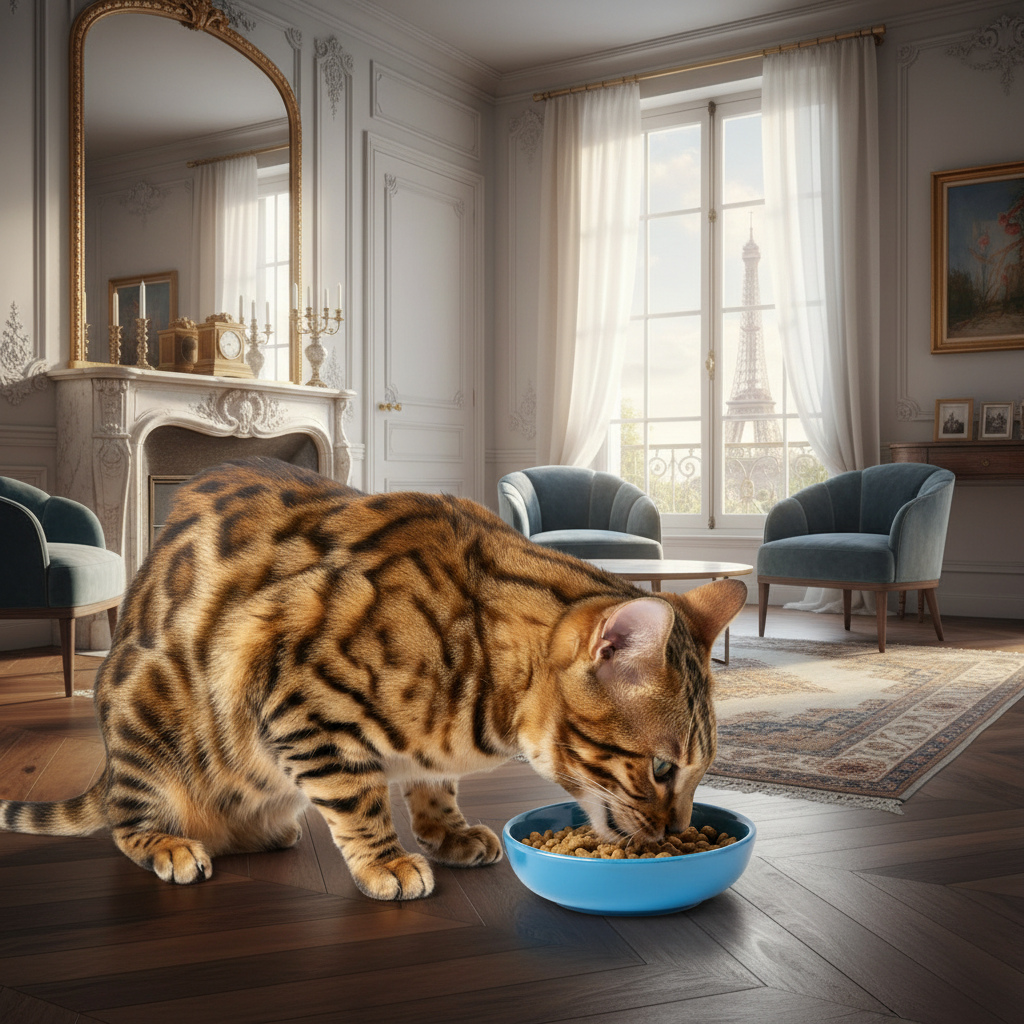 Blue cat food bowl on floor with cat drinking from it