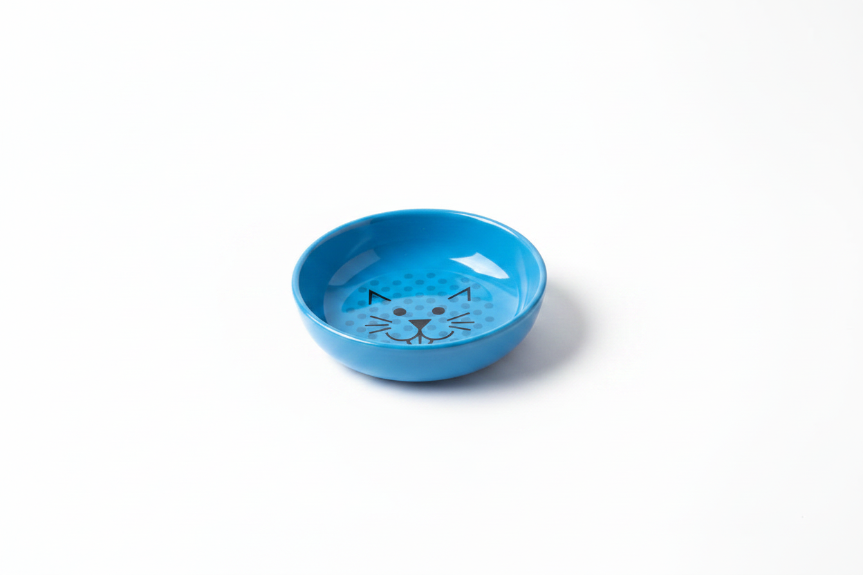 Blue cat food bowl with cat-face pattern, shallow round shape
