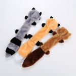 Animal-shaped plush squeaky pet toy, three long designs in gray, orange, and brown