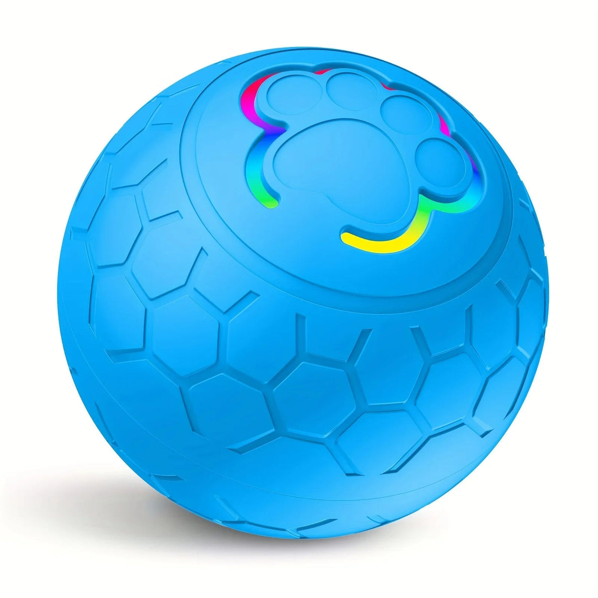 Blue smart bouncing ball with glowing paw emblem on a textured hex pattern