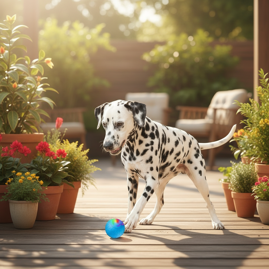 Blue smart bouncing ball with glowing paw icon near a standing dalmatian