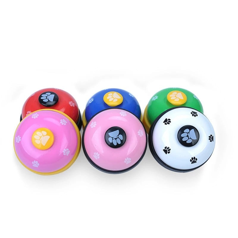 Pet training bell set with paw button tops in red, blue, green, pink, and white