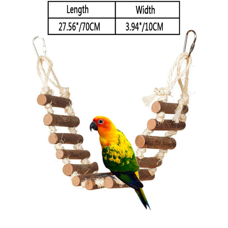 Parrot nibble toy: wooden log ladder with sisal rope ties and hanging hook