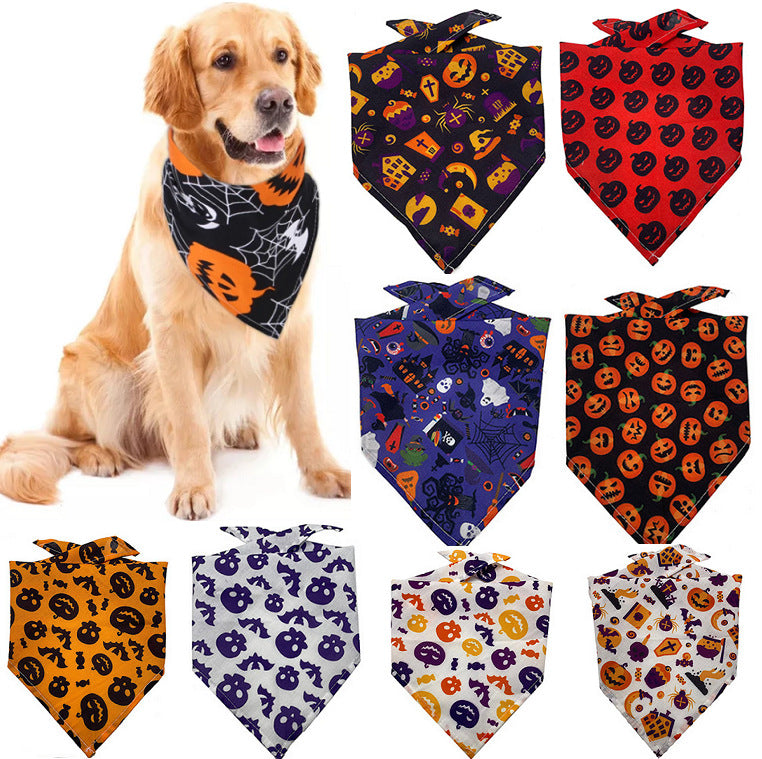 Pet tie-dye triangle scarf, black with orange Halloween symbols and web pattern