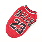 Red mesh basketball jersey with “BALLS 23” front text and striped collar