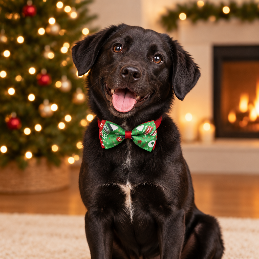 Christmas bow tie on a black dog, green and red holiday patterned bow