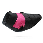 Dog warm cotton vest in pink and black, padded design with front leg opening