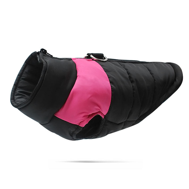 Dog warm cotton vest in pink and black, padded design with front leg opening