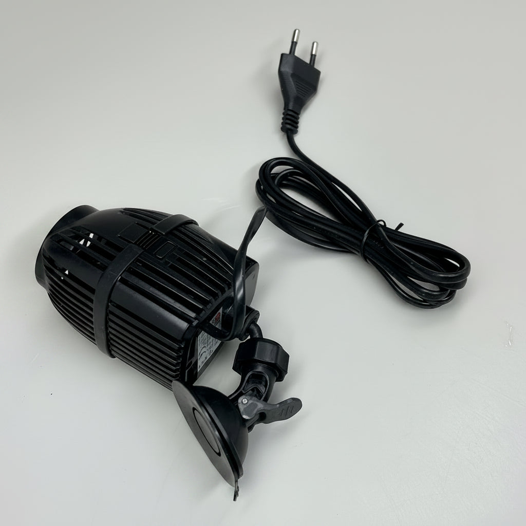 Black wave aquarium circulation pump with power cord and two-prong plug