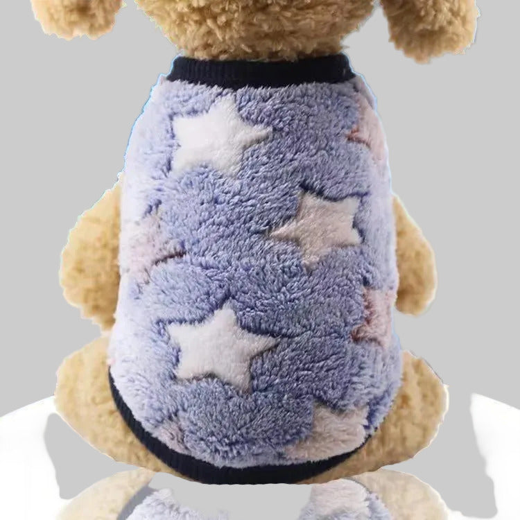 Pet fleece vest in light blue with dark blue stars and paw-like accents