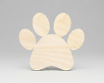 Unfinished wood paw print shape, light tan, standalone front view.