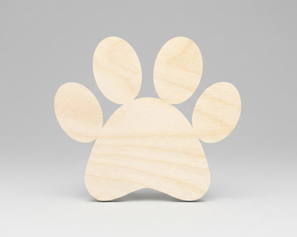Unfinished wood paw print shape, light tan, standalone front view.