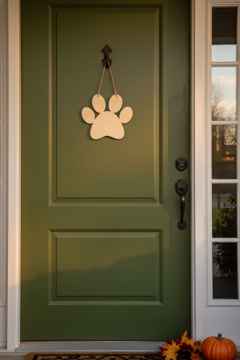 Unfinished wood paw print shape hanging on a door, light tan unfinished wood.