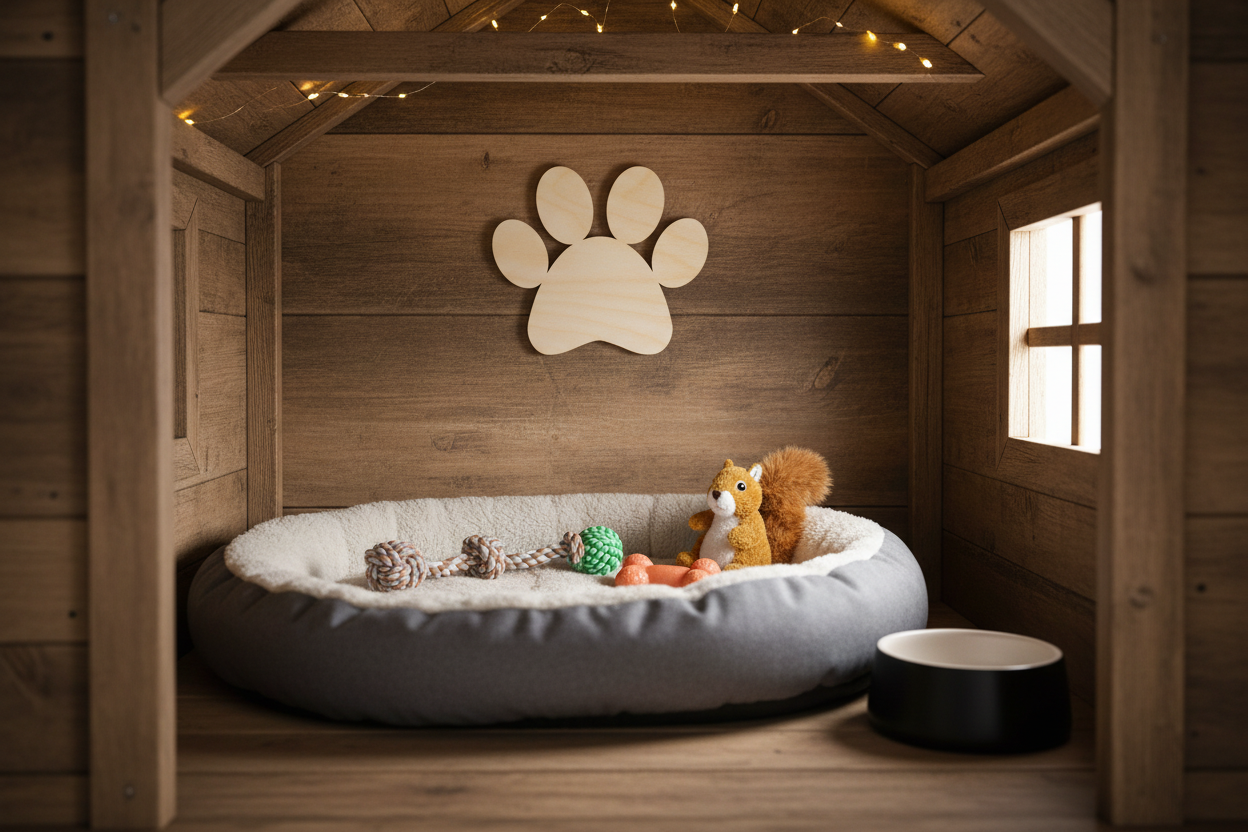 Unfinished wood paw print shape on the interior wall of a wooden pet house.