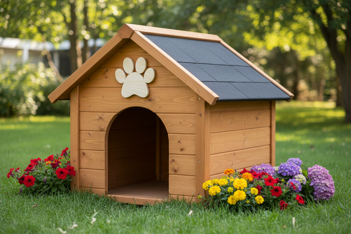 Unfinished wood paw print shape mounted on a wooden pet house door.