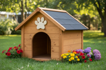 Unfinished wood paw print shape mounted on a wooden pet house door.