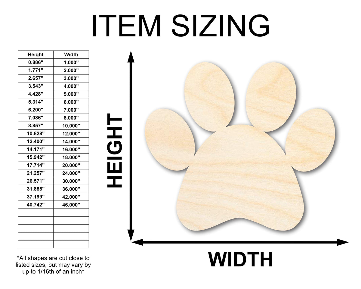 Unfinished wood paw print item sizing chart with height and width measurements.