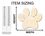 Unfinished wood paw print item sizing chart with height and width measurements.
