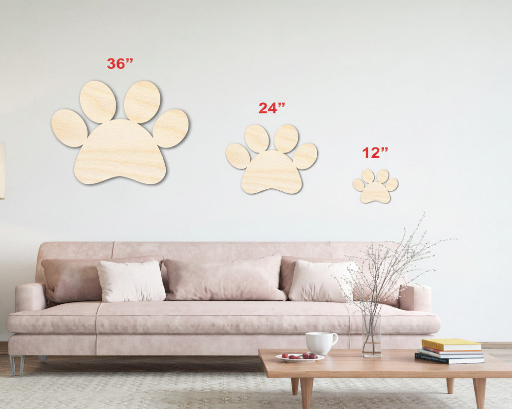 Unfinished wood paw print shapes labeled 36 in, 24 in, and 12 in.