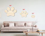 Unfinished wood paw print shapes labeled 36 in, 24 in, and 12 in.