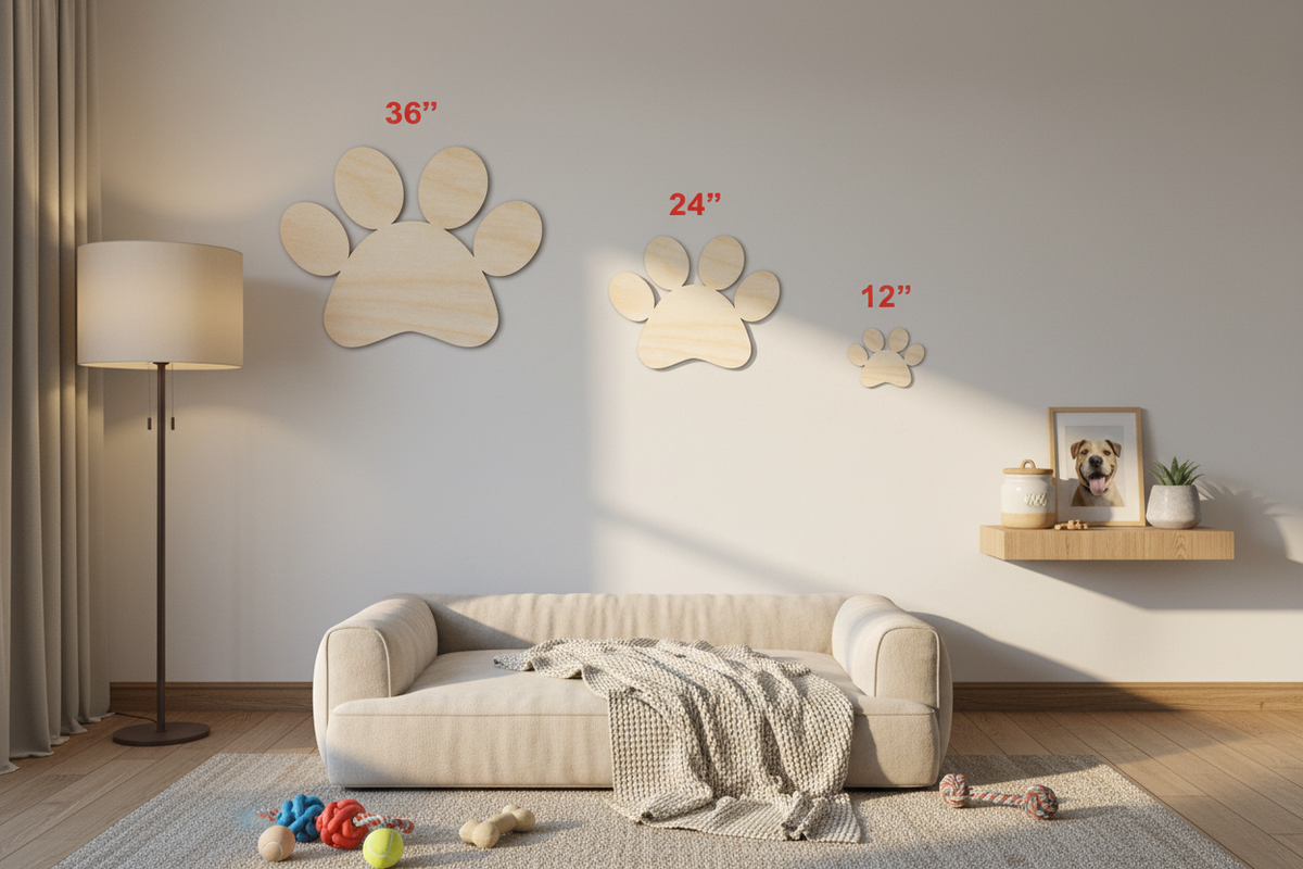 Set of unfinished wood paw print shapes in three sizes, light tan.
