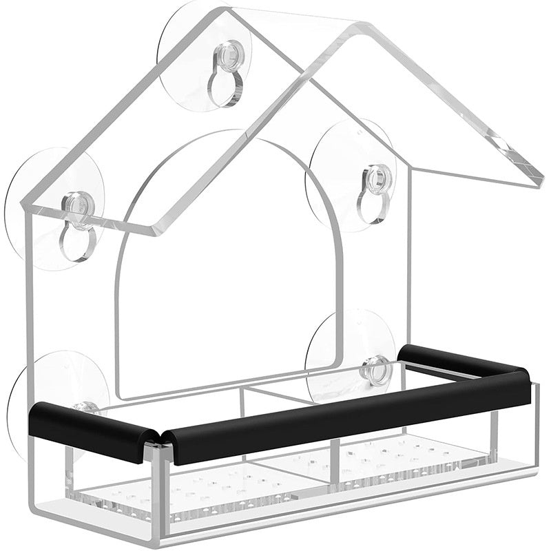 Clear acrylic bird feeder with black front tray and rounded suction-cup attachments