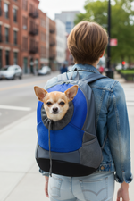 Pet travel backpack with blue mesh front, worn with a small dog inside
