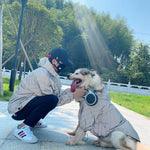 Reflective-letter windbreaker for pet, light gray-blue, hooded jacket with full zipper