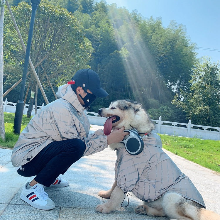 Reflective-letter windbreaker for pet, light gray-blue, hooded jacket with full zipper
