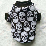 Skull Halloween pet shirt, black and white speckled skull pattern, dark green cuffs