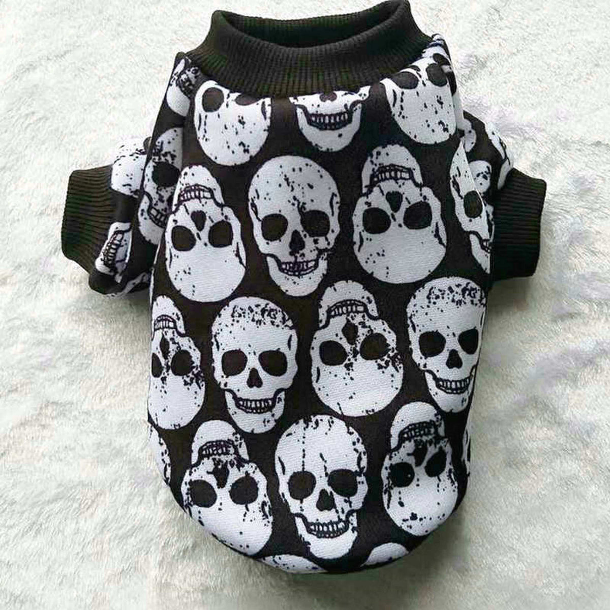 Skull Halloween pet shirt, black and white speckled skull pattern, dark green cuffs