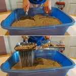Wire mesh cat litter scoop with loop handle, filled litter in blue tray