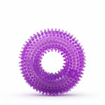 Purple squeaky dog ball toy ring with raised nubs and outer spikes