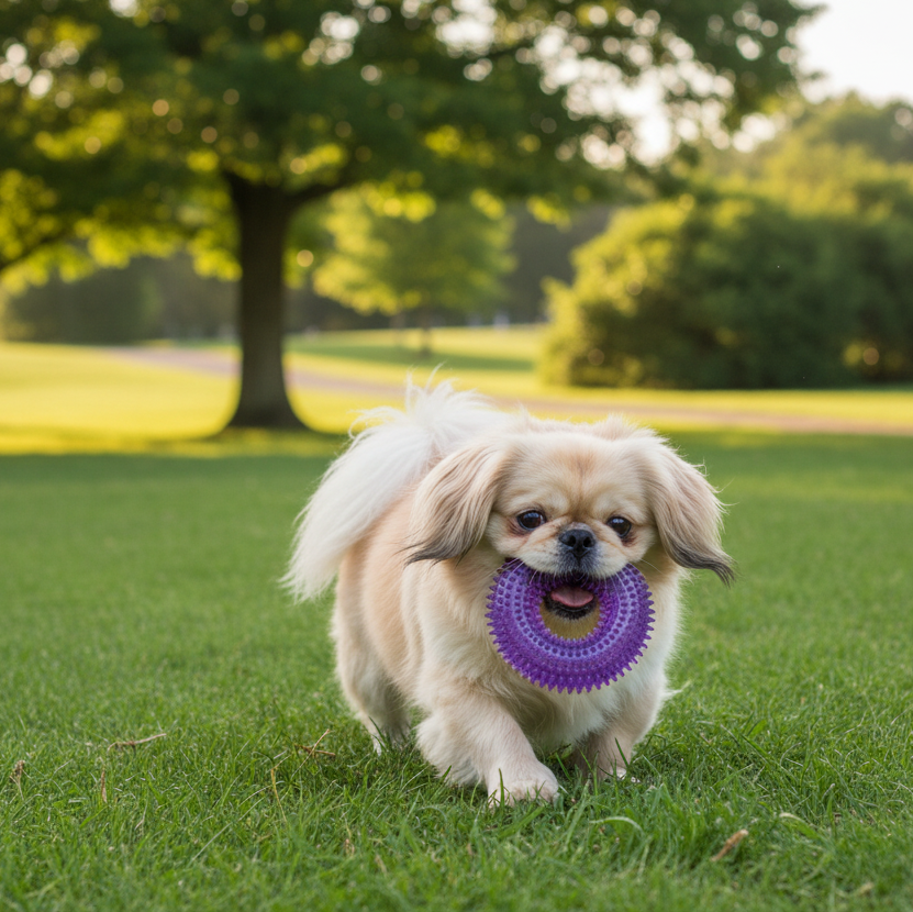 Bite-resistant squeaky ball dog toy in purple, ribbed texture.