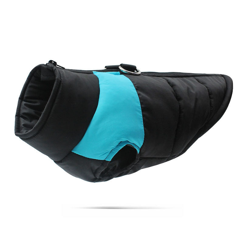 Dog warm cotton vest in blue and black, padded design with front leg opening