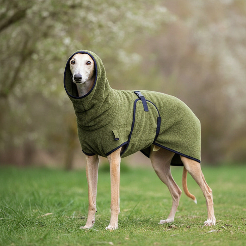 Pet polar fleece hoodie sweater in olive green, with hood and front pocket detail