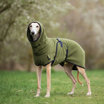 Pet polar fleece hoodie sweater in olive green, with hood and front pocket detail