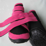 Pink and black pet dog shoes with hook-and-loop strap and textured rubber tread