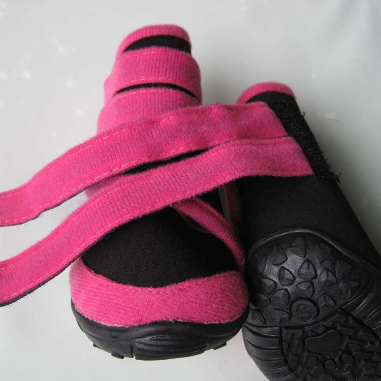 Pink and black pet dog shoes with hook-and-loop strap and textured rubber tread
