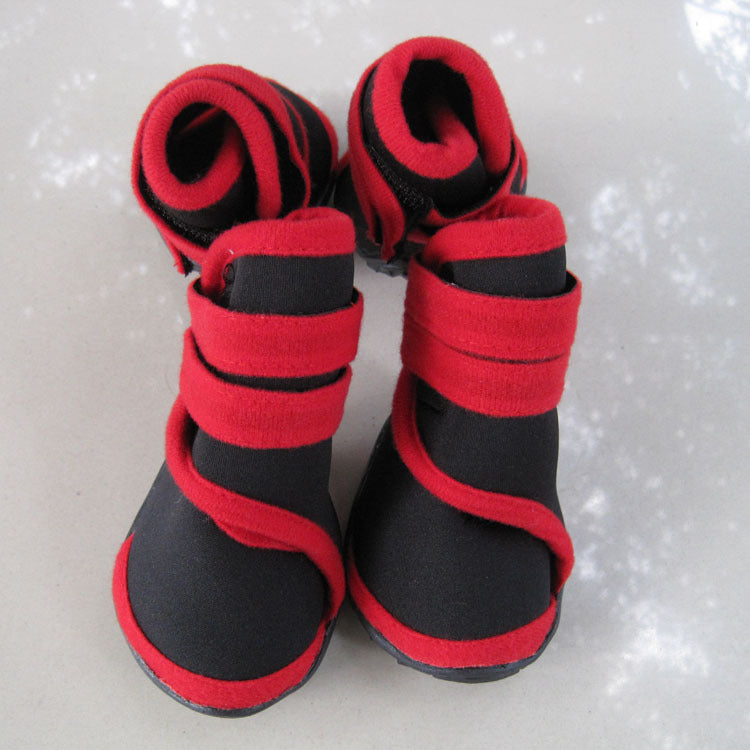 Red and black pet dog shoes with hook-and-loop straps and rubber paw-texture soles