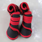 Red and black pet dog shoes with hook-and-loop straps and rubber paw-texture soles