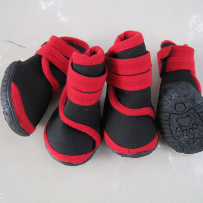 Red and black pet dog shoes with hook-and-loop straps and textured rubber soles