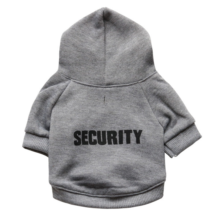 Gray fleece security pet sweater with hood and 'SECURITY' chest print