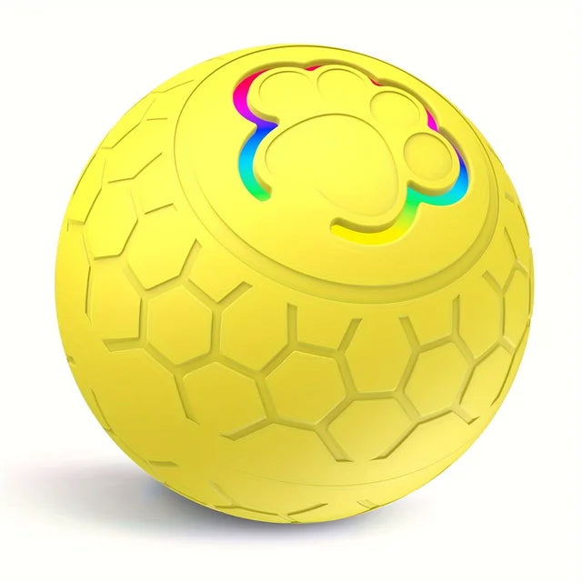 Yellow smart bouncing ball with multicolor paw graphic and raised hex texture