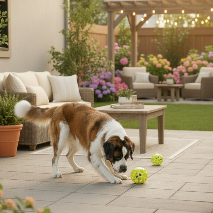 Green interactive bouncing ball toy on a patio with a dog sniffing