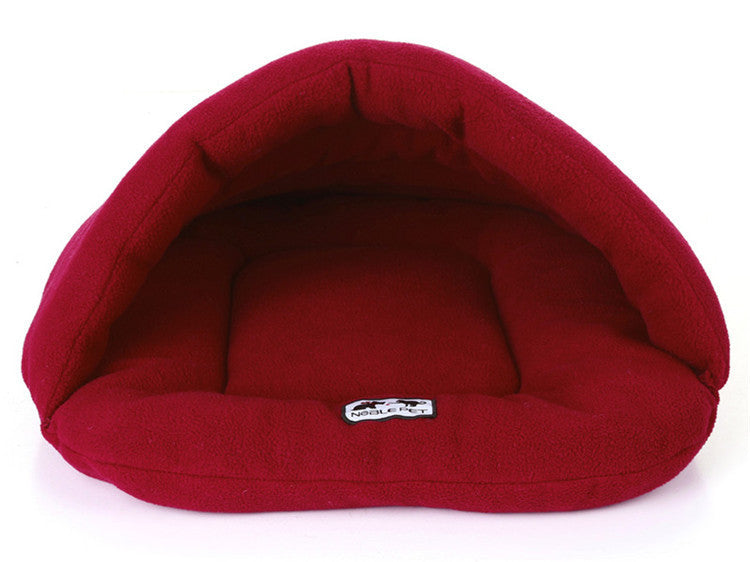 Red pet cave sleeping bag with plush hood and logo patch