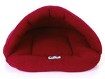 Red pet cave sleeping bag with plush hood and logo patch