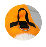Orange dog pet swimsuit detail: black harness straps with metal ring fastener